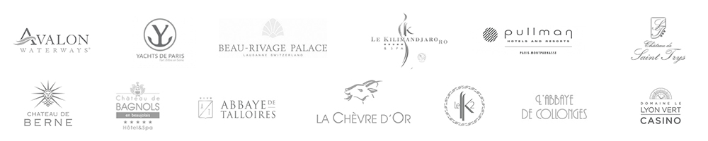 La Chèvre d'Or, Beau Rivage Palace à Lausanne, Abbaye de Talloires, Kilimandjaro et K2 à Courchevel, château de bagnols, Pullmann Montparnasse